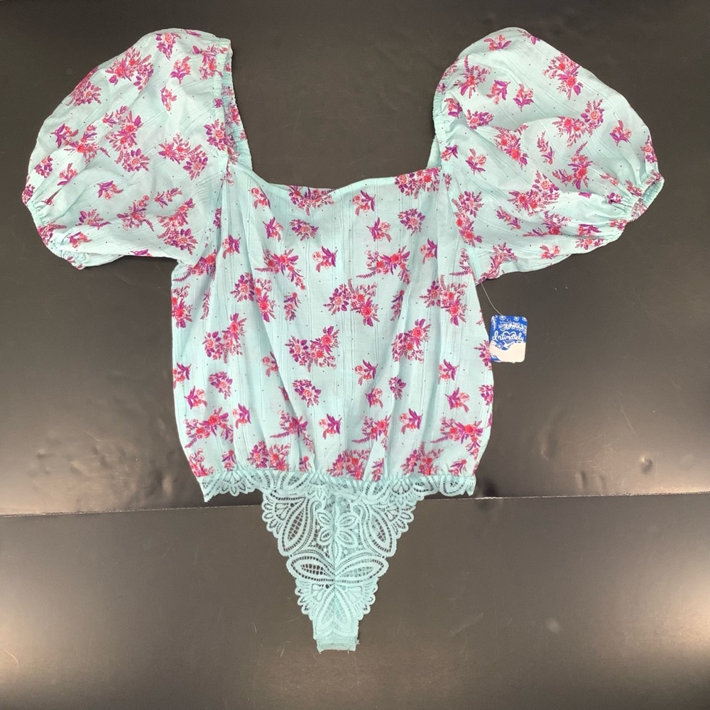Free People Blue Pink Angela Floral Print Lace Bodysuit Off Shoulder Small - Picture 15 of 15